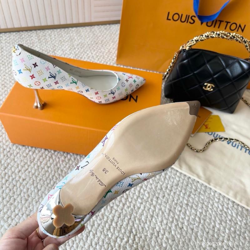 2025 Women Louis Vuitton White Multicolor Leather High Heel Shoes
