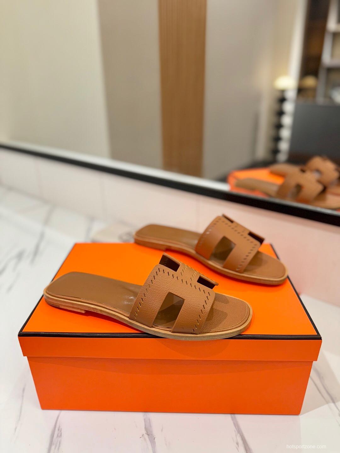 2025 Women Hermès Brown Leather Slippers