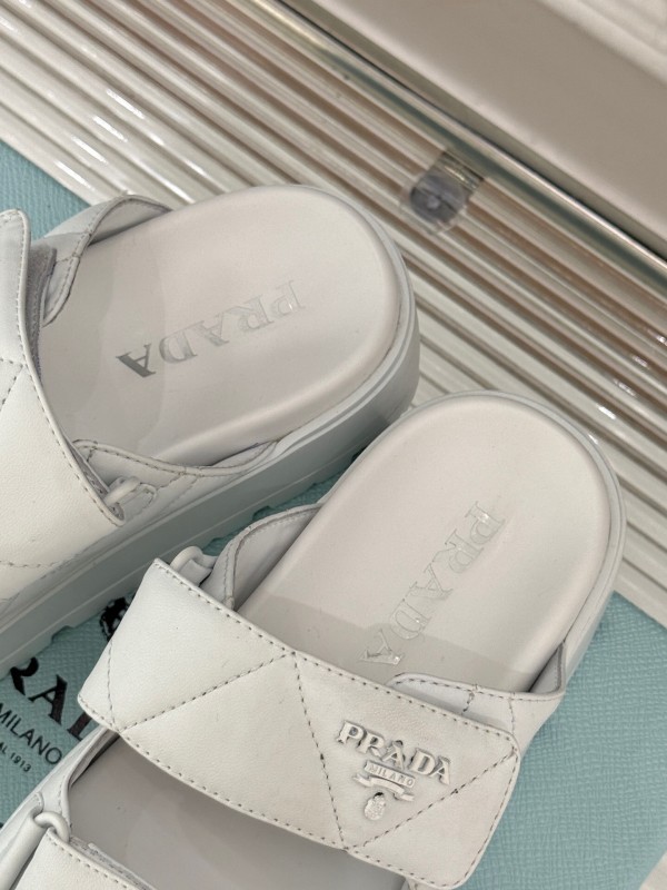 2025 Slippers Prada White Leather Quilted Velcro Strap KFY00250