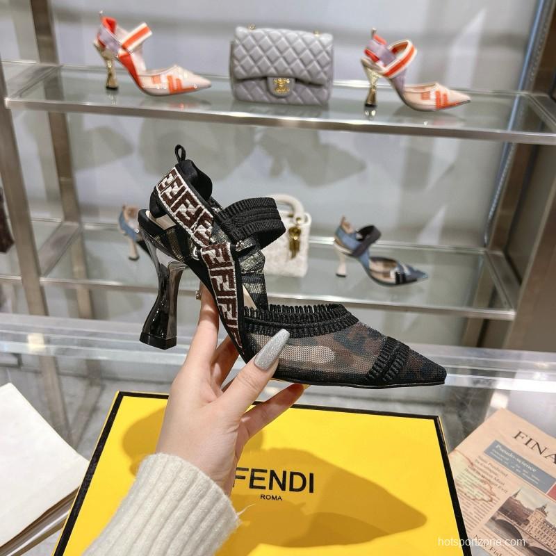 2025 Women Fendi Black Beige Mesh Leather Heels MJ00280