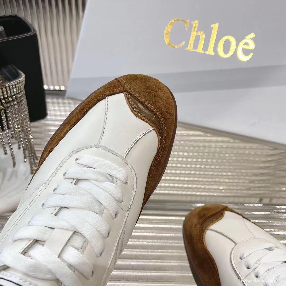 2025 Women Chloé White Brown Leather Suede Sneakers LY00300