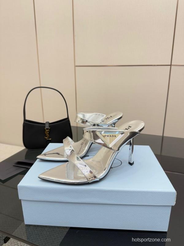 2025 Women Prada Silver Leather Pointed Toe Sandals