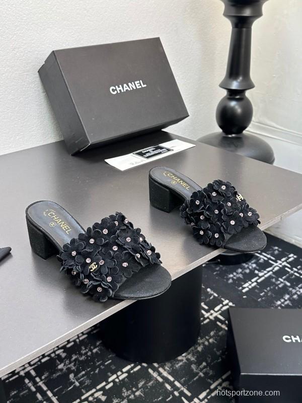 2025 Women Chanel Black Suede Heeled Slippers