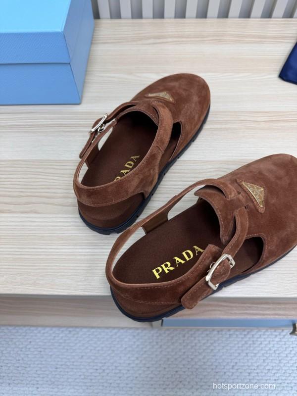 2025 Women Prada Brown Suede Slingback Buckle Sandals LY00280
