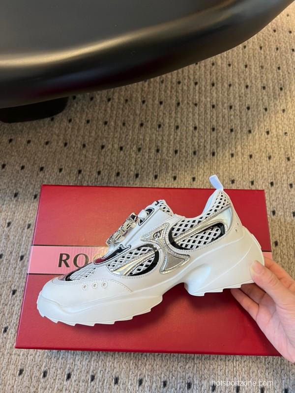 2025 Women Roger Vivier White Black Leather Synthetic Fabric Sneakers KFY00380