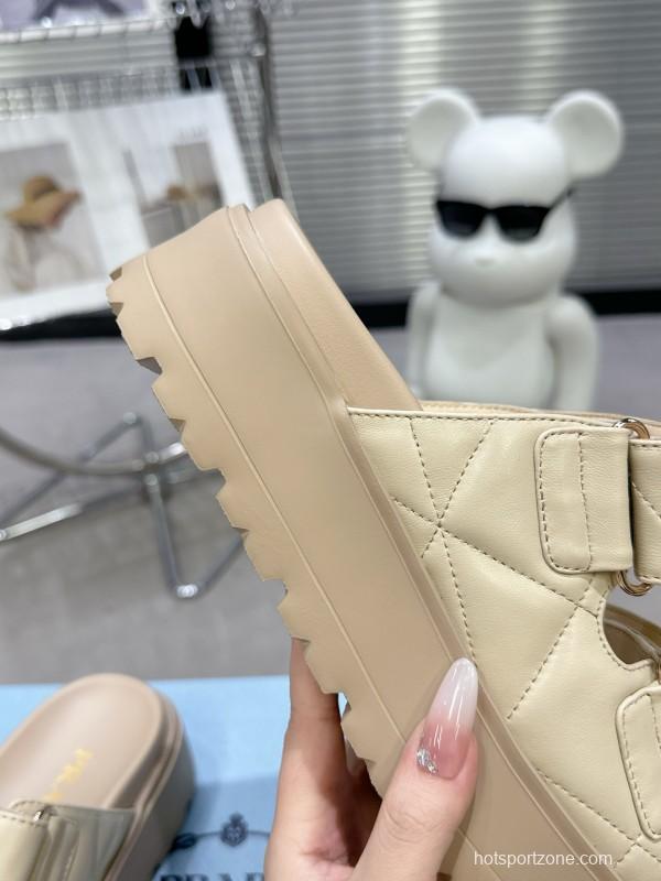 2025 Women Prada Beige Leather Slippers KFY00290