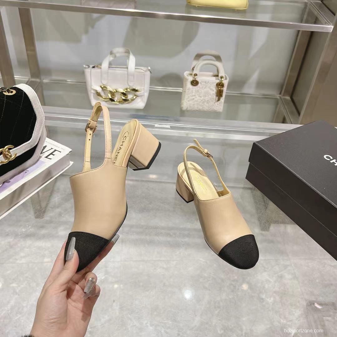 2025 Women Chanel Beige Black Leather Slingback Block Heel LY00300