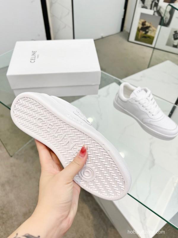 2025 Women Celine White Leather Sneakers Block Triomphe KFY00260