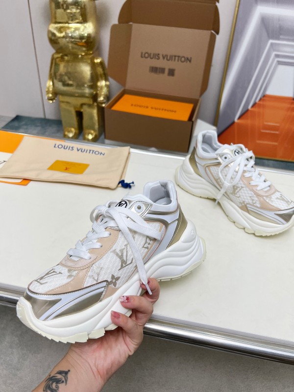 2025 Women Louis Vuitton White Beige Mesh Leather Sneakers LY00340