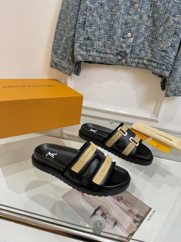 2025 Slippers Louis Vuitton Black Beige Canvas Slippers LYT001