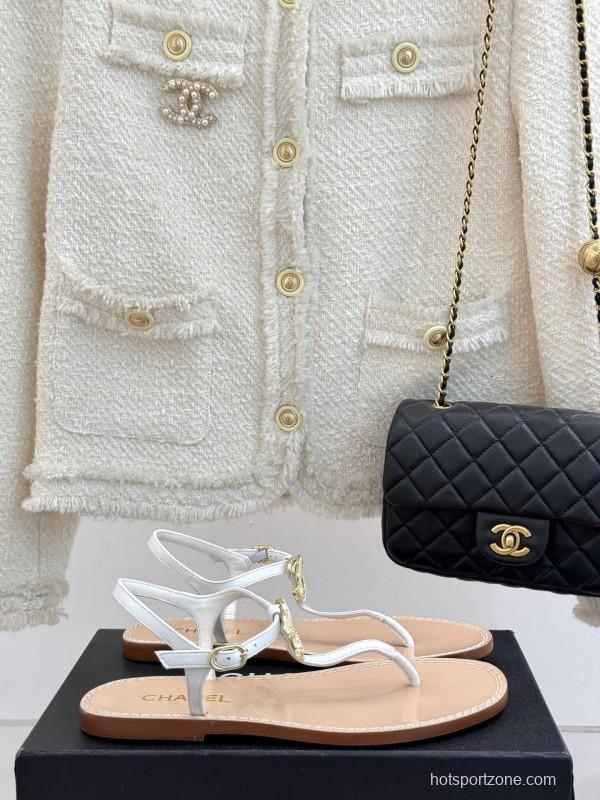2025 Women Chanel White Leather Sandals KFY00290