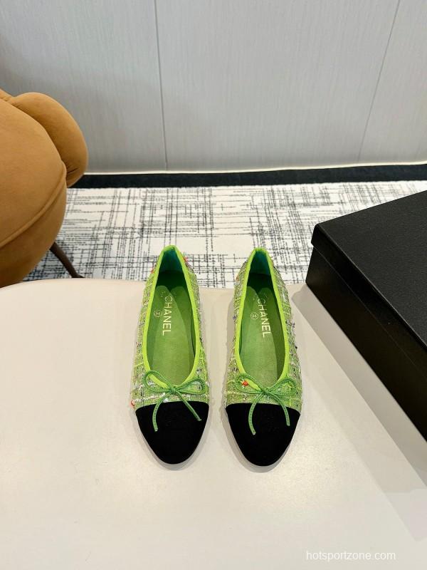 2025 Women Chanel Green Black Lambskin Ballet Flats LY00250