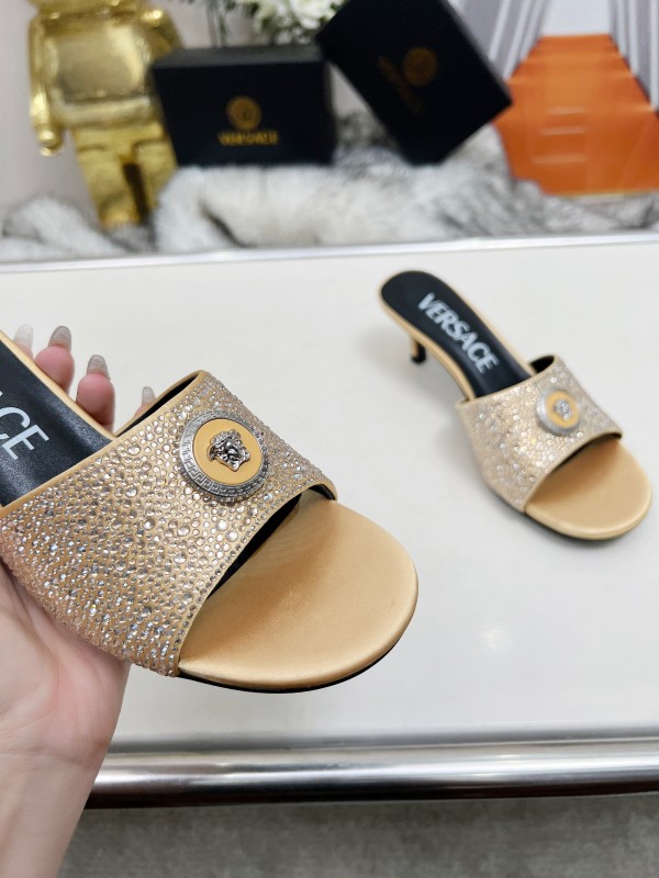 2025 Women VERSACE Gold Silk Rhinestone Heeled Sandals