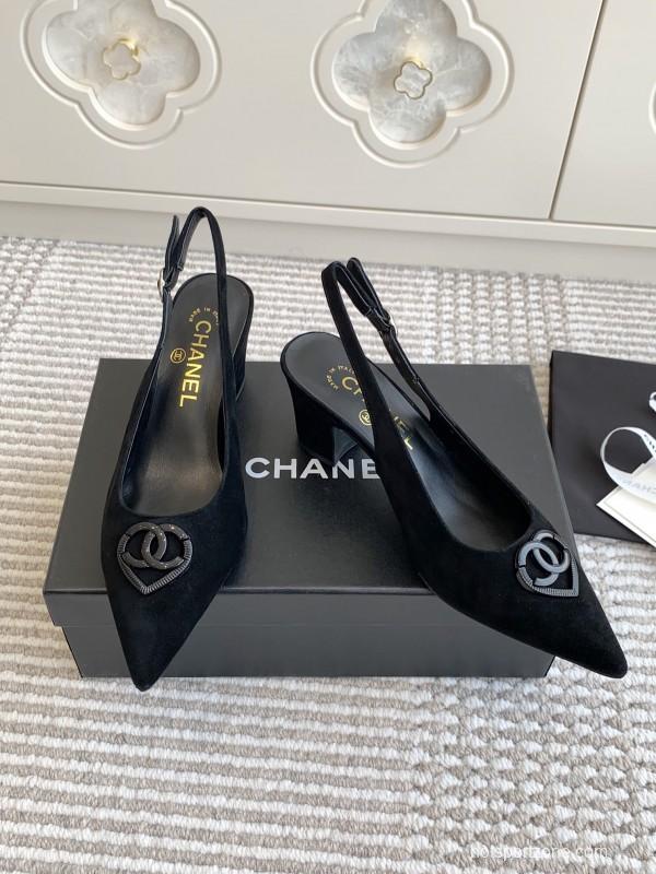 2025 Women Chanel Black Suede Slingback Heels CC Logo KFY00300