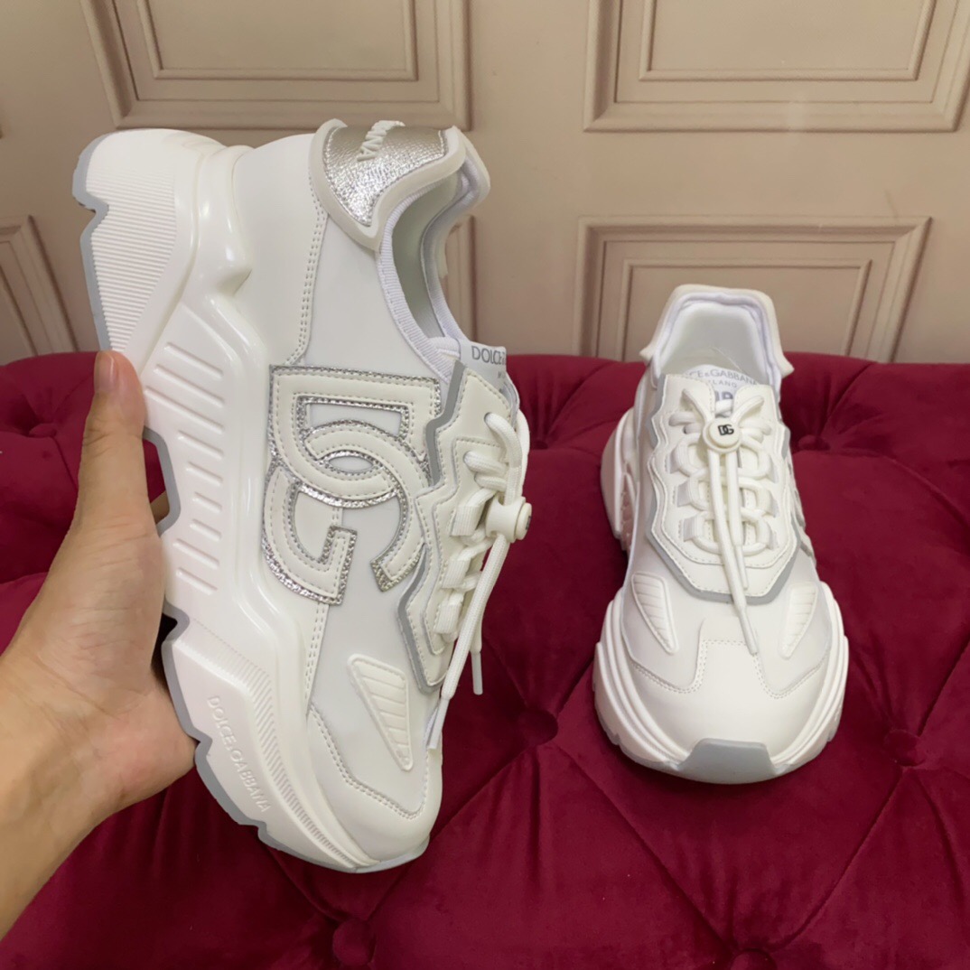 2025 Unisex Dolce & Gabbana White Grey Leather Lycra Sneakers DG Craft LY00330(F)/LY00340(M)