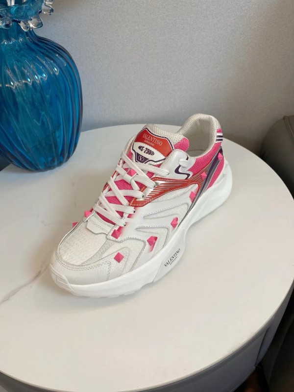 2024 Unisex Valentino White Pink Mesh Leather Sneakers MJ00410