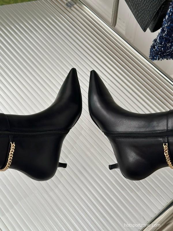 2024 Women YSL Black Leather Boots Chain Detail