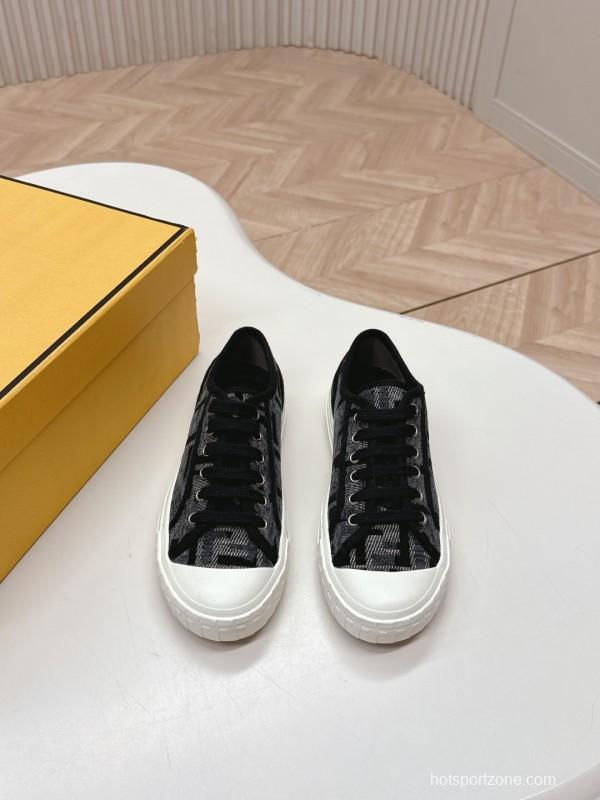 2025 Women Fendi Black Grey Fabric Leather Sneakers