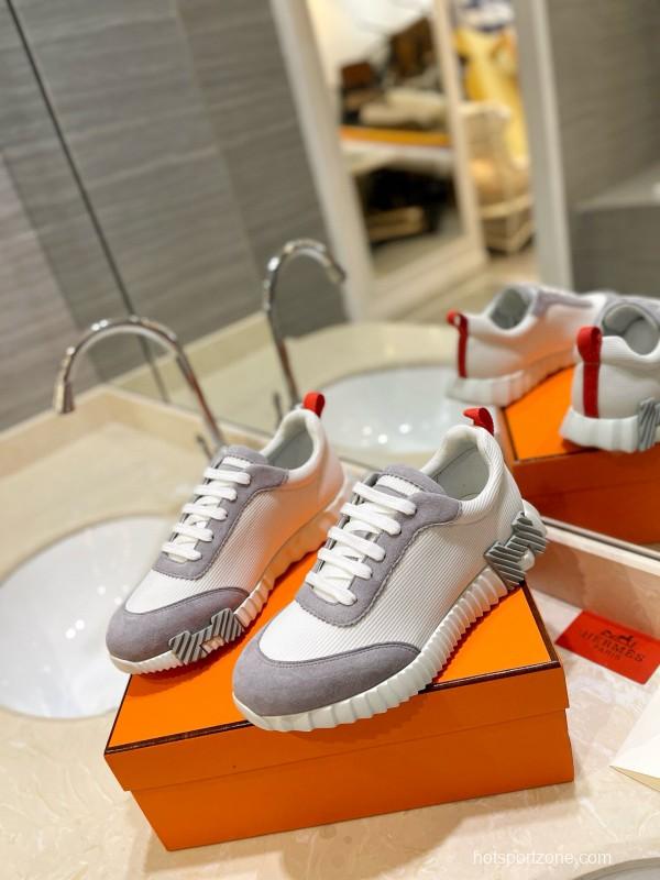 2024 Women Hermès white gray mesh suede sneakers
