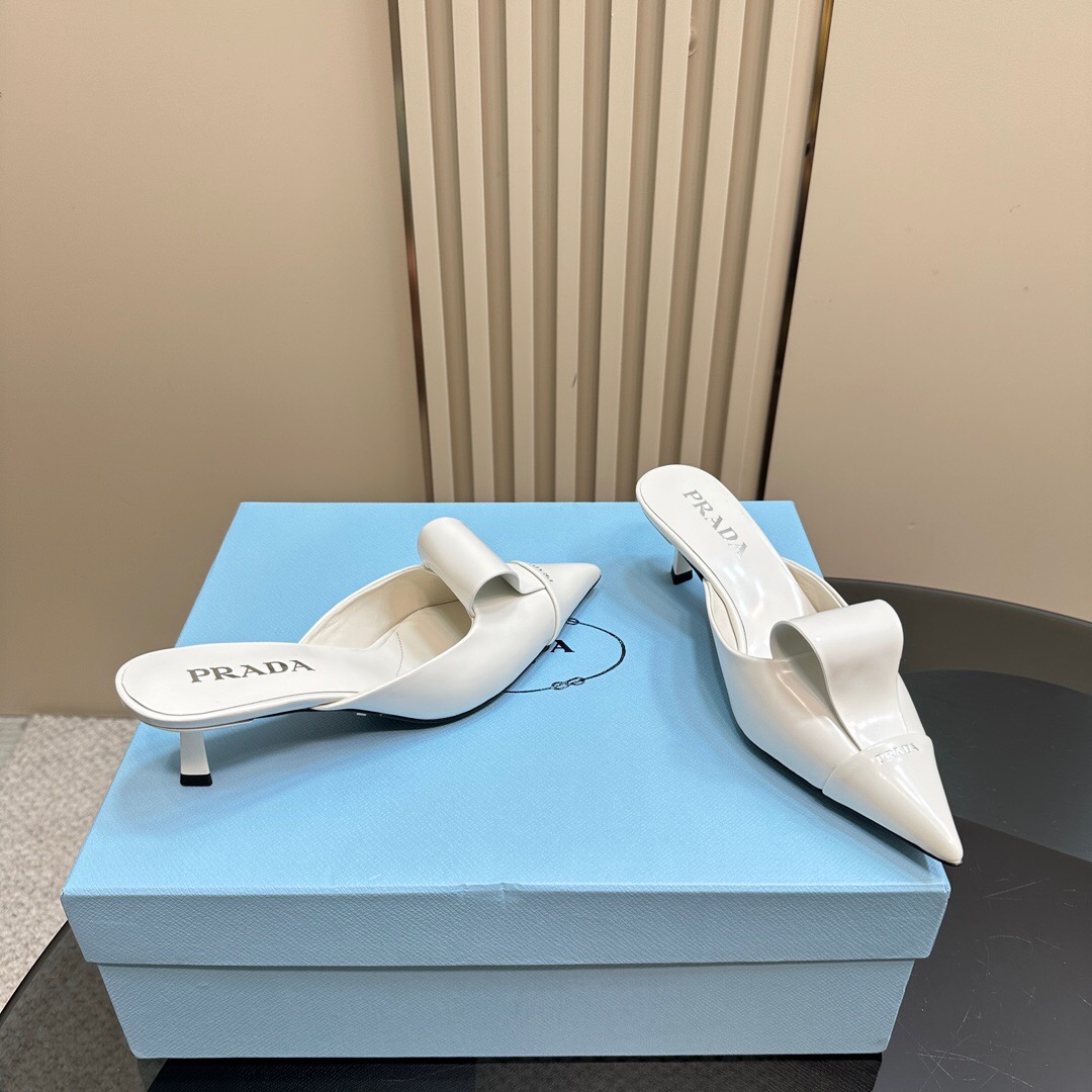 2025 Women Prada White Leather High Heel Mules