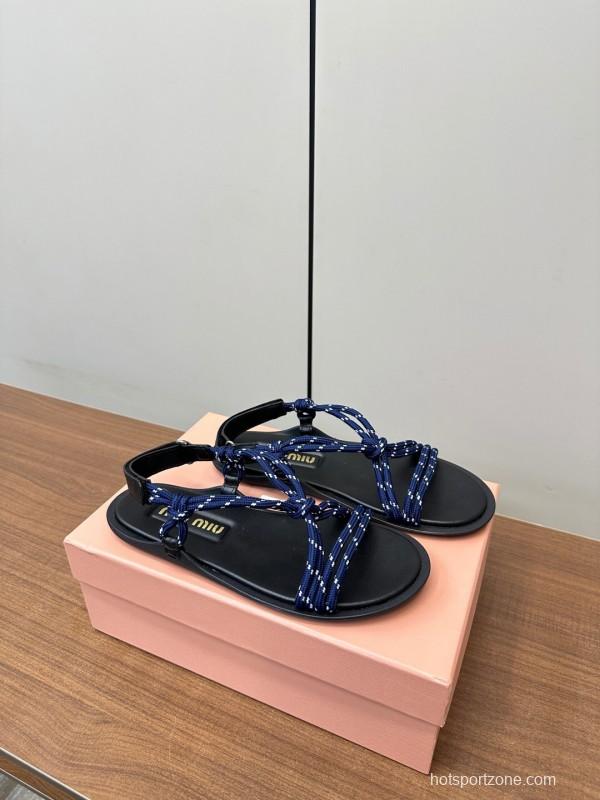 2025 Women Miu Miu Blue Black Leather Rope Sandals