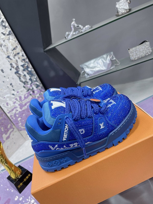 2024 Unisex Louis Vuitton Blue Rhinestone Trainer Sneakers Heat Pressing MJ00430