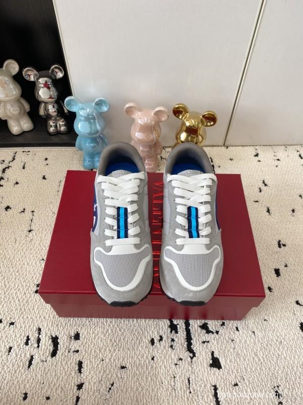 2025 Unisex Valentino Grey Blue White Leather Silk Glossy Running Sneakers LY00340