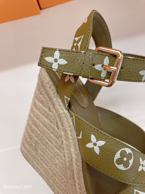 2025 Women Louis Vuitton Pink Beige Green Leather Denim Espadrilles Sandals MJ00280