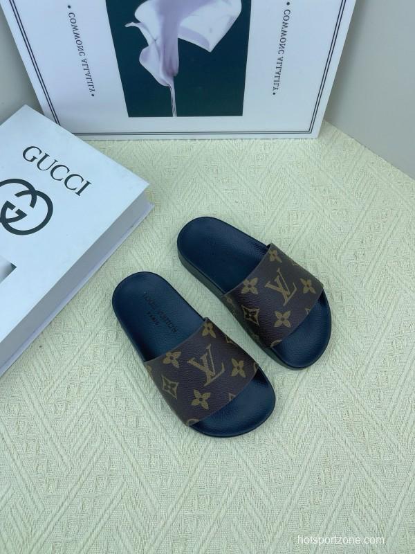 2025 Kids Louis Vuitton Brown Black Leather Slippers