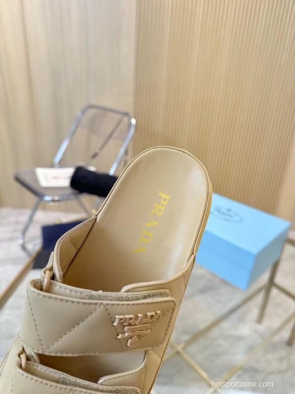 2025 Women Prada Beige Leather Sandals LY00270