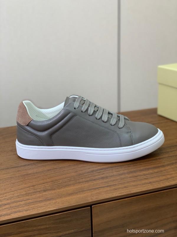 2025 Men Brunello Cucinelli Gray Leather Casual Sneakers Handmade Smooth Finish KFY00310 (M)