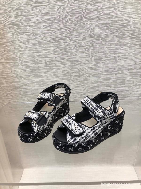 2025 Women Chanel Black White Fabric Platform Sandals LY00330
