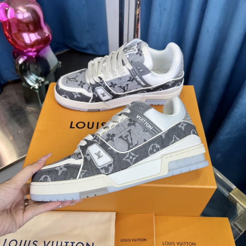 2025 Unisex Louis Vuitton Grey White Fabric Leather Sneakers