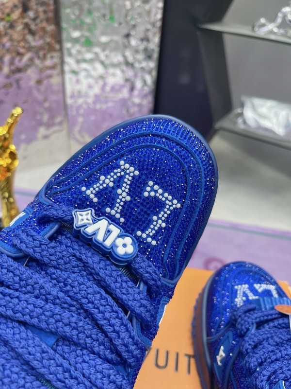 2024 Unisex Louis Vuitton Blue Rhinestone Trainer Sneakers Heat Pressing MJ00430
