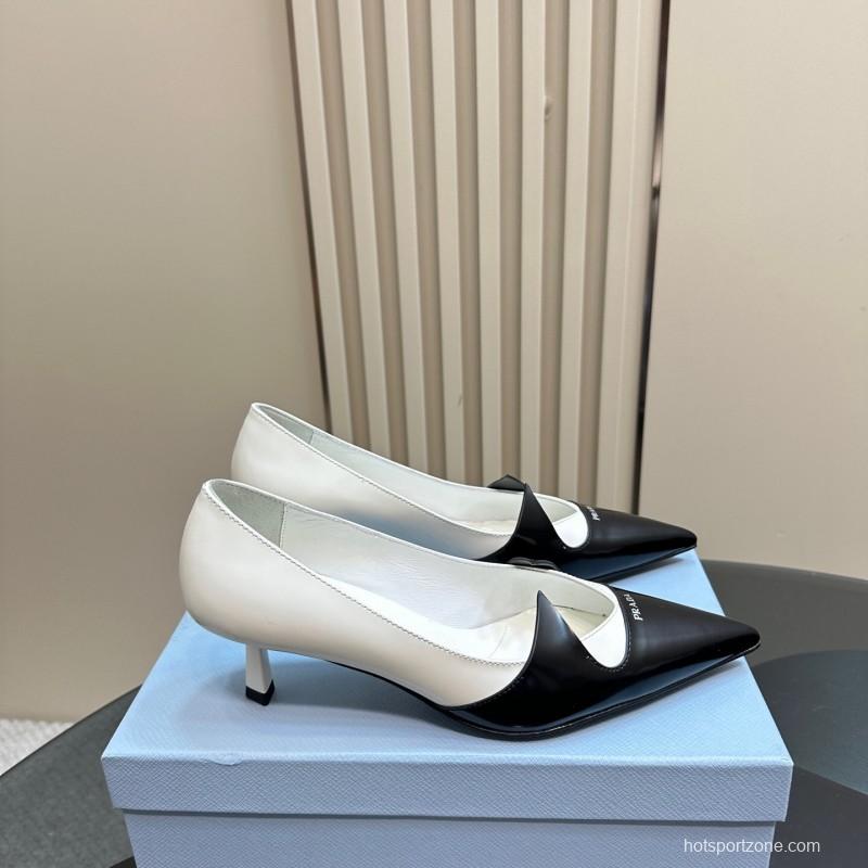 2025 Women Prada Black White Leather Heels KFY00310