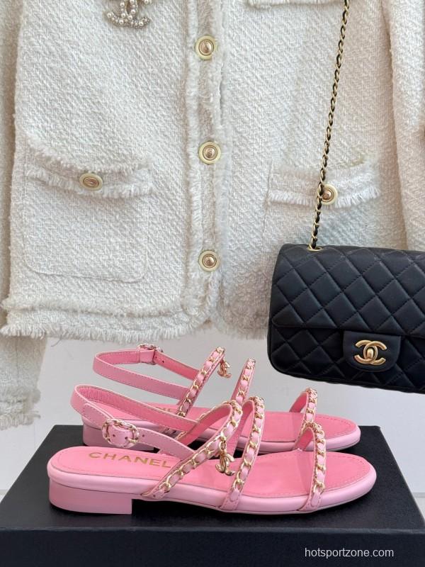2025 Women Chanel Pink Leather Chain Strap Sandals