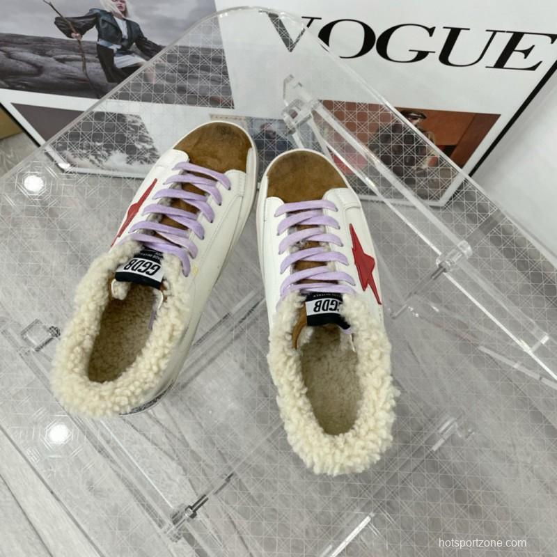 2025 Women GGDB White Red Brown Leather Shearling Sneakers