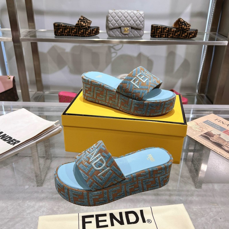 2025 Slippers Fendi Blue Brown Canvas FF Jacquard Platform FJ00321