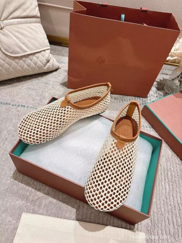 2025 Women Le Parmentier Beige Brown Mesh Ballet Flats Handmade LY00250