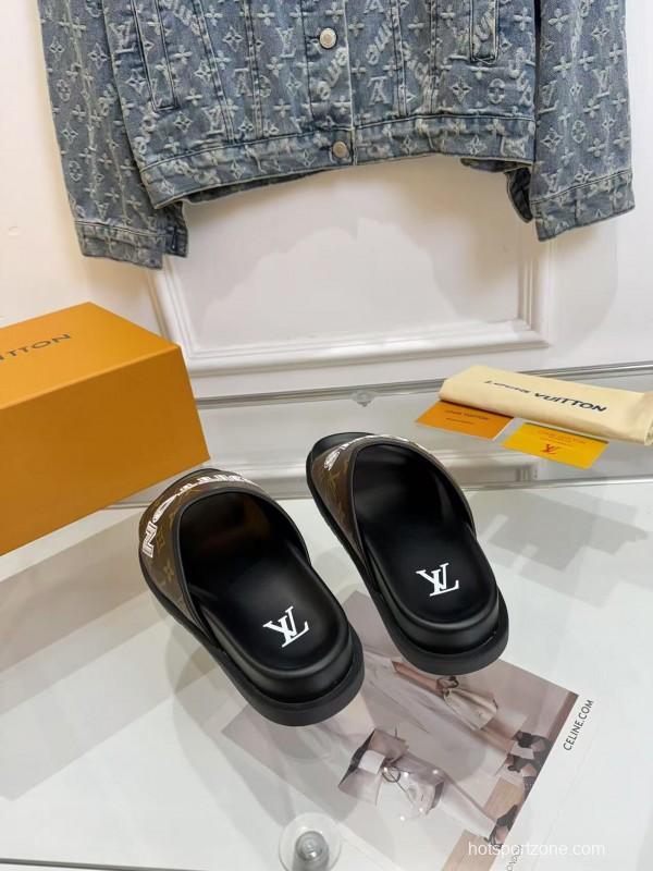 2025 Louis Vuitton Brown Black Leather Slippers LY