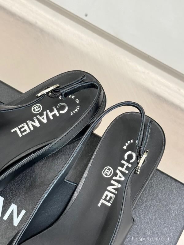 2025 Women Chanel Black Leather Slingback Flats