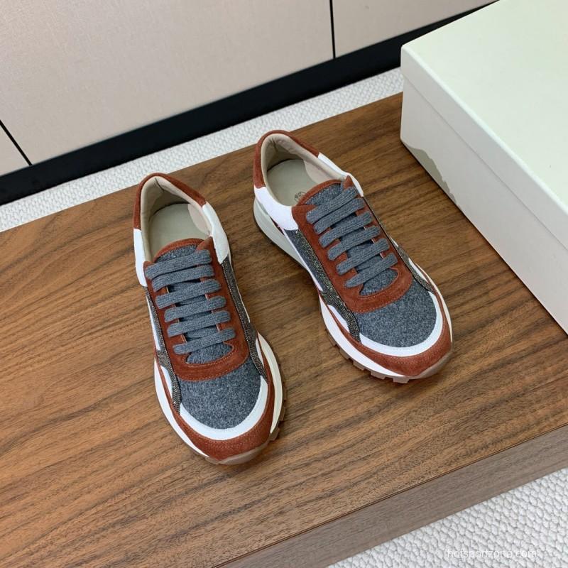 2025 Unisex Brunello Cucinelli Grey Brown White Suede Fabric Sneakers LY