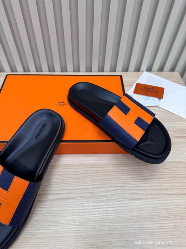 2025 Slippers Hermès Orange Navy Leather Slippers