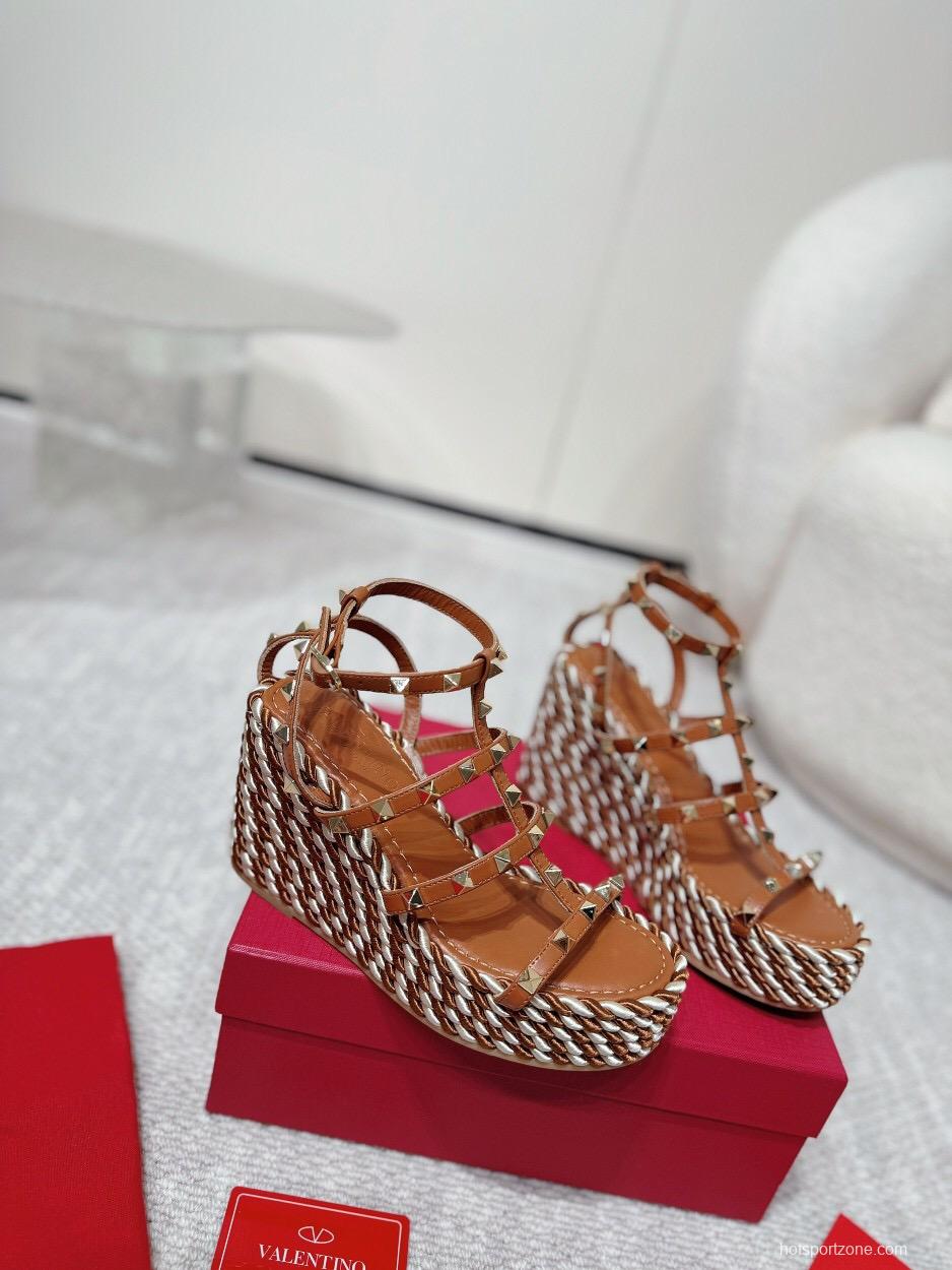 2025 Women Valentino Brown Leather Wedge Sandals Braided Cotton LY00290