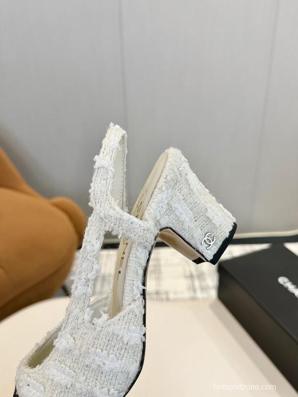 2025 Women Chanel White Black Tweed Patent Leather Slingback LY00240
