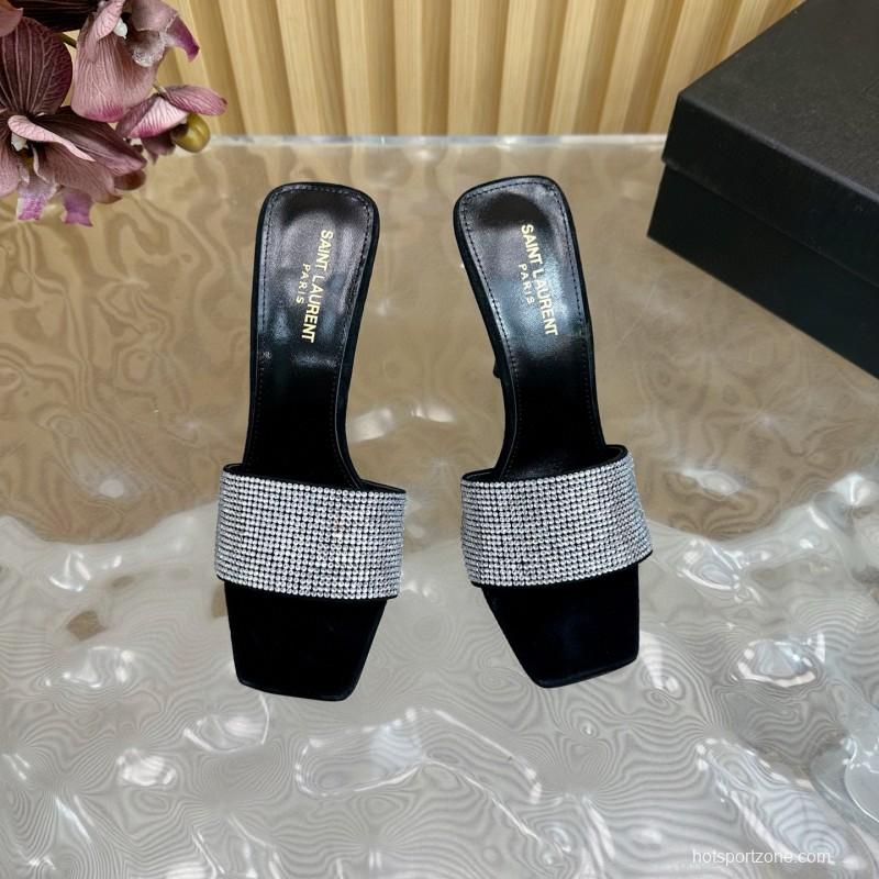 2025 Women Yves Saint Laurent Black Crystal Fabric High Heel Sandals MJ00300