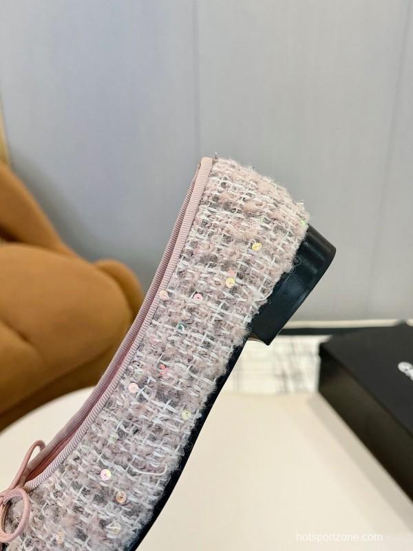 2025 Women Chanel Pink Black Sheepskin Tweed Ballet Flat LY00250