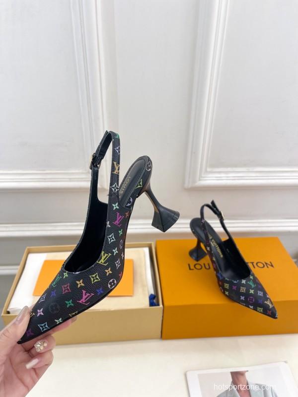 2025 Women Louis Vuitton Black Multicolor Leather Slingback Heels KFY00280