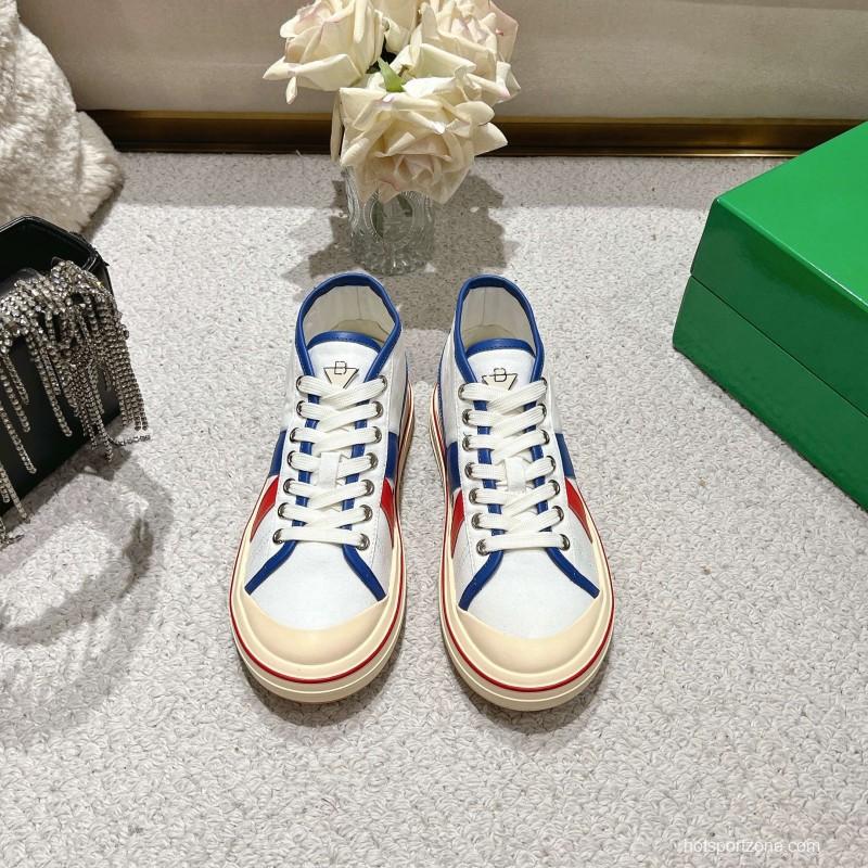 2025 Unisex Bottega Veneta White Blue Red Canvas Lambskin Sneakers Hand Painted LY00
