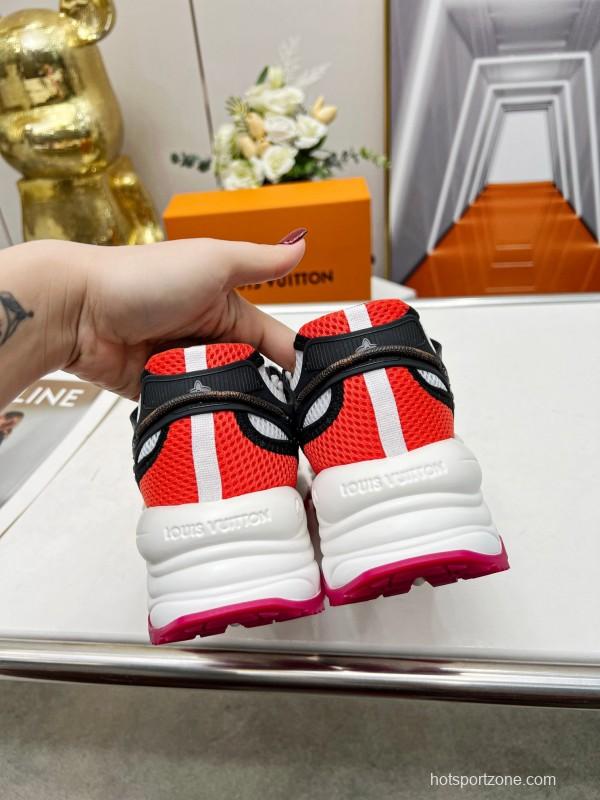 2025 Women Louis Vuitton Pink Orange Black Mesh Leather Sneakers LY00340